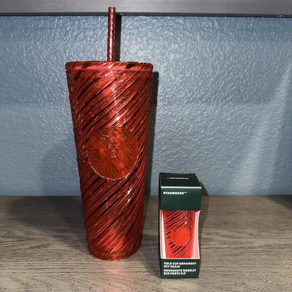 NEW Starbucks Red Swirl 24oz Cold Cup Tumbler & Matching Keychain Holiday 2024 - Picture 1 of 3